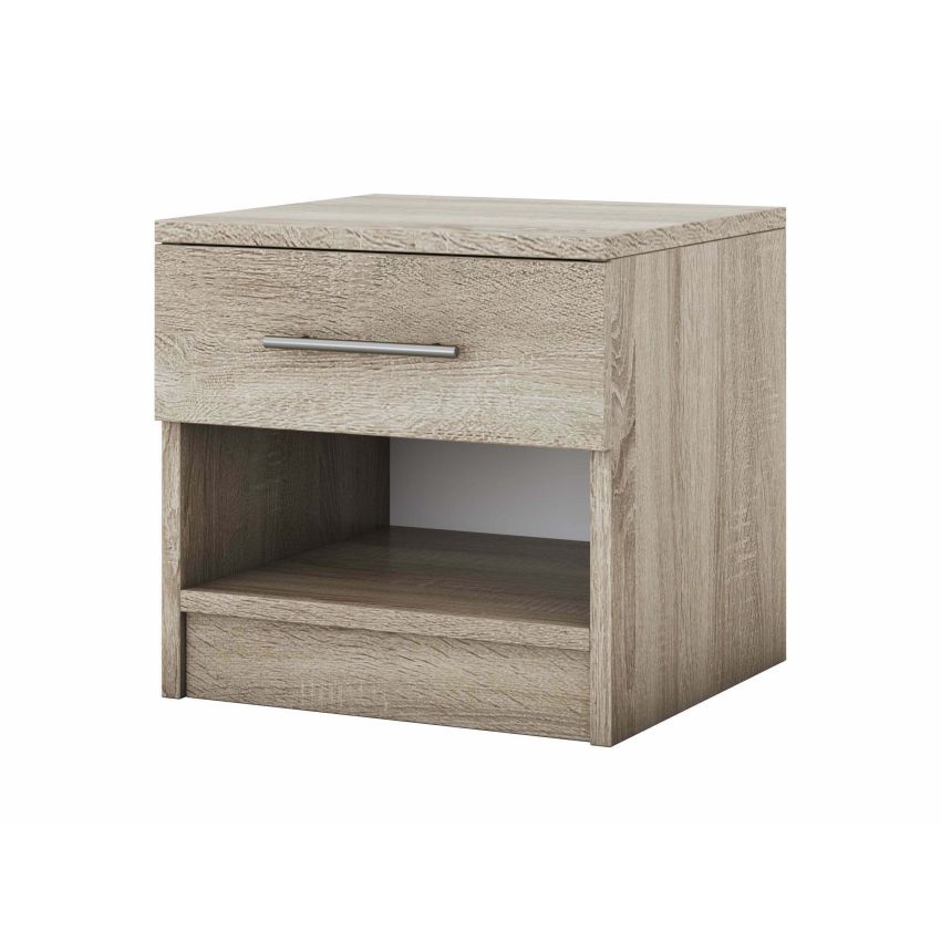 Set dormitor Beta, sonoma, dulap 183 cm, pat 140×200 cm, 2 noptiere, comoda