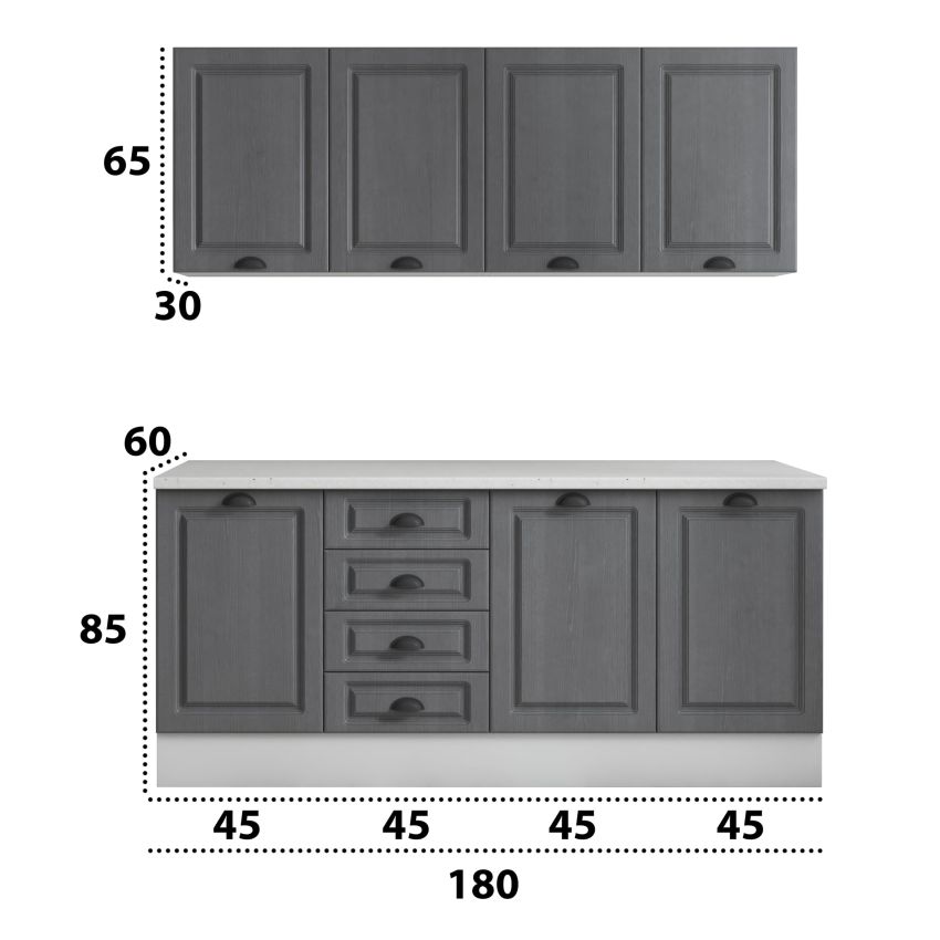 Bucatarie maya 180 cm, gri uni structo, blat kastamonu mersin 28 mm, fronturi mdf