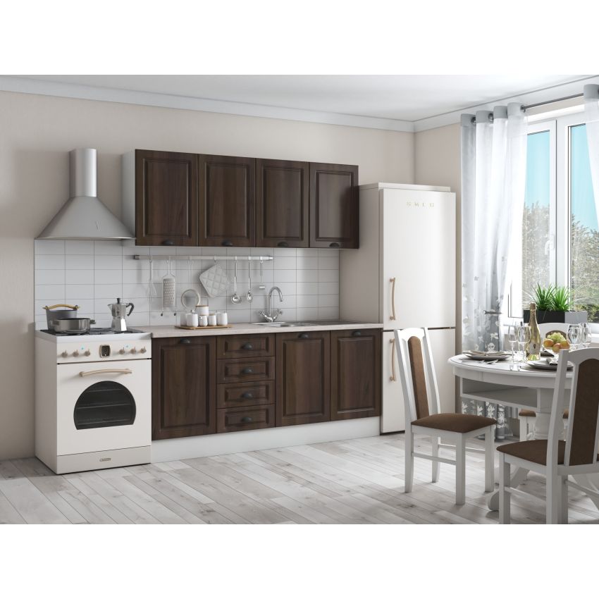 Bucatarie maya 180 cm, nuc columbia, blat kastamonu travertin 28 mm, fronturi mdf