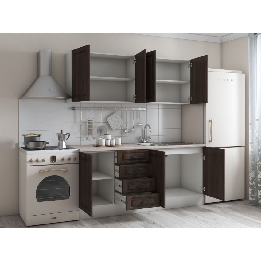 Bucatarie maya 180 cm, nuc columbia, blat kastamonu travertin 28 mm, fronturi mdf