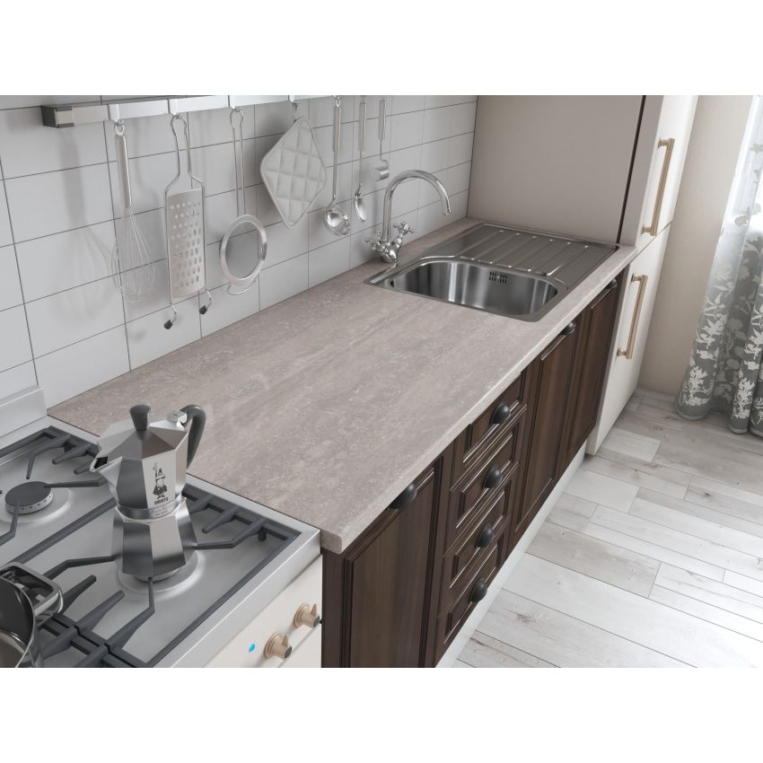 Bucatarie maya 180 cm, nuc columbia, blat kastamonu travertin 28 mm, fronturi mdf