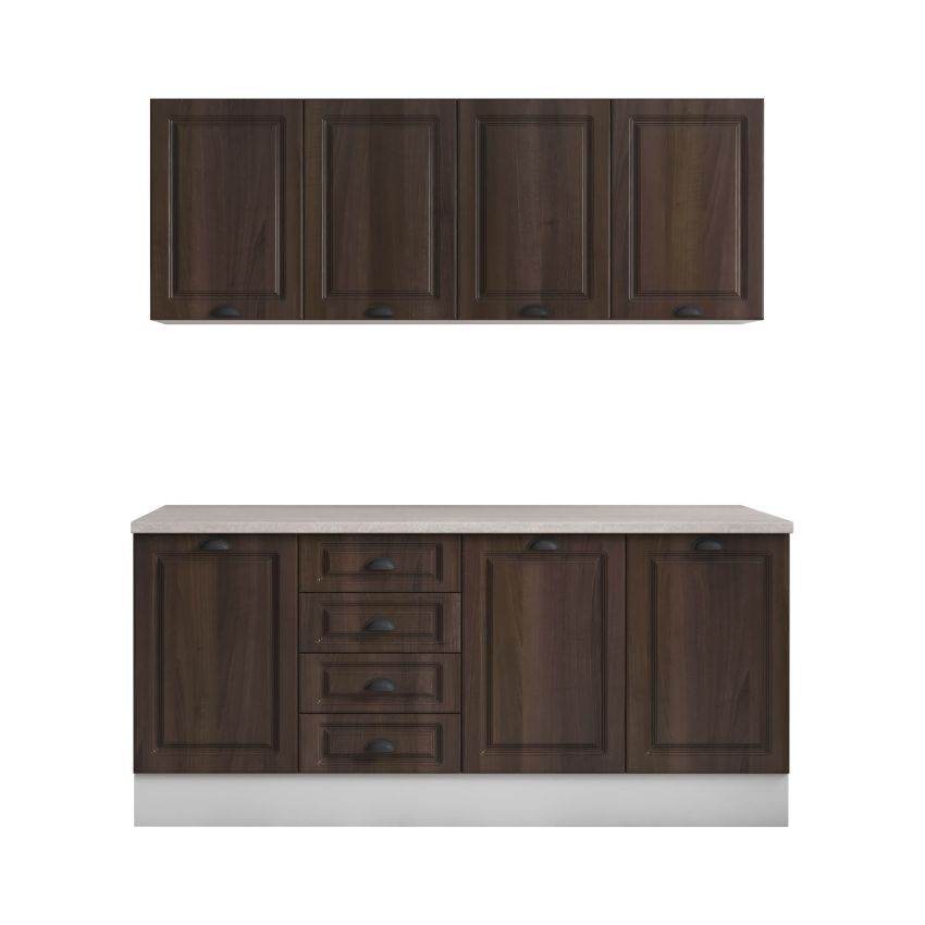 Bucatarie maya 180 cm, nuc columbia, blat kastamonu travertin 28 mm, fronturi mdf