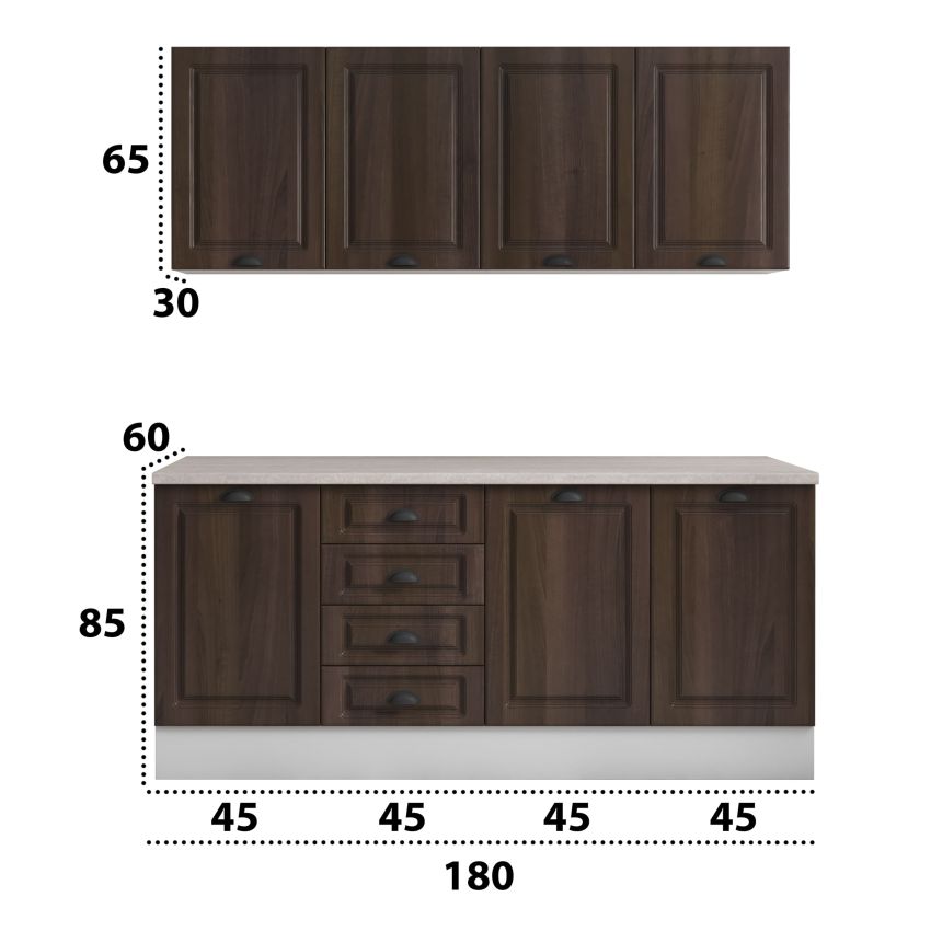 Bucatarie maya 180 cm, nuc columbia, blat kastamonu travertin 28 mm, fronturi mdf