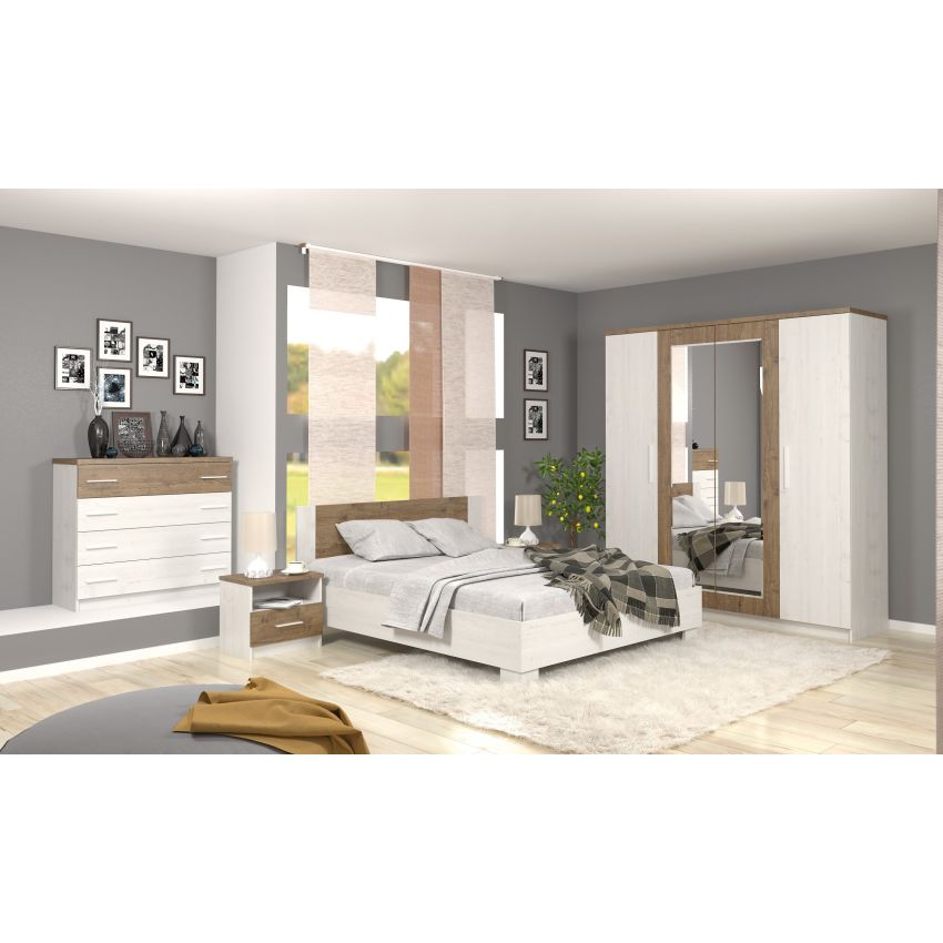 Set dormitor markos, alb/stejar inchis, dulap 200 cm, pat 160×200 cm, 2 noptiere, comoda