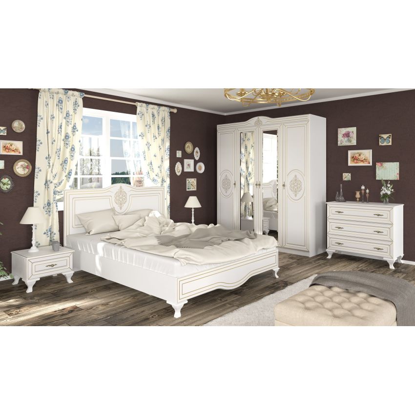 Set dormitor Milan, alb, dulap 180 cm, pat 160×200 cm, 2 noptiere, comoda
