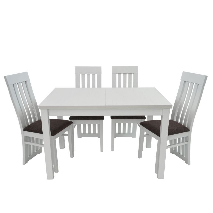 Set masa extensibila 120x150 cm cu 4 scaune tapitate, mb-13 max5 si s-104 so, alb, lemn masiv, stofa