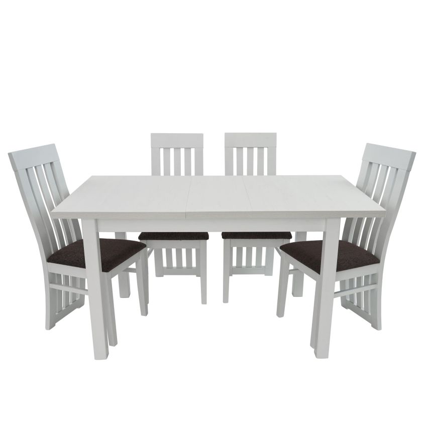 Set masa extensibila 120x150 cm cu 4 scaune tapitate, mb-13 max5 si s-104 so, alb, lemn masiv, stofa