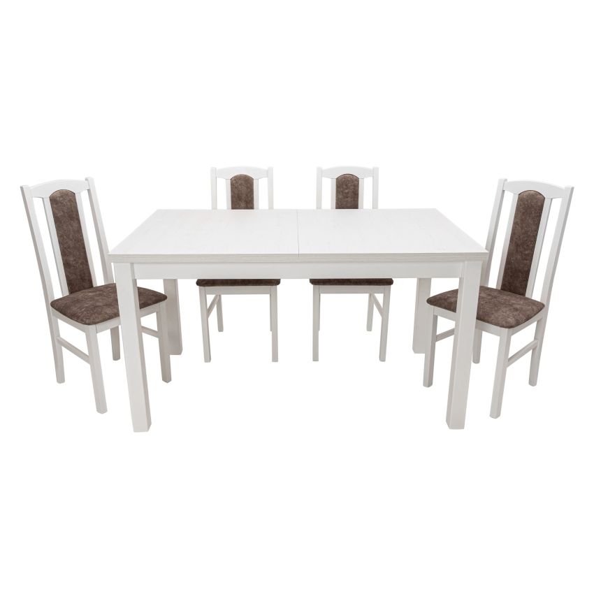 Set masa extensibila 120x150cm cu 4 scaune tapitate, mb-13 max5 si s-37 boss7 b25b, alb, lemn masiv de fag, stofa