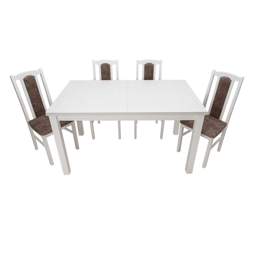 Set masa extensibila 120x150cm cu 4 scaune tapitate, mb-13 max5 si s-37 boss7 b25b, alb, lemn masiv de fag, stofa
