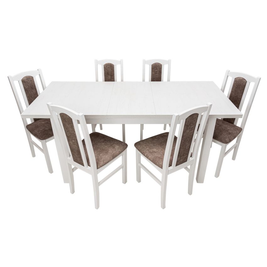 Set masa extensibila 120x150cm cu 6 scaune tapitate, mb-13 max5 si s-37 boss7 b18a, alb, lemn masiv de fag, stofa