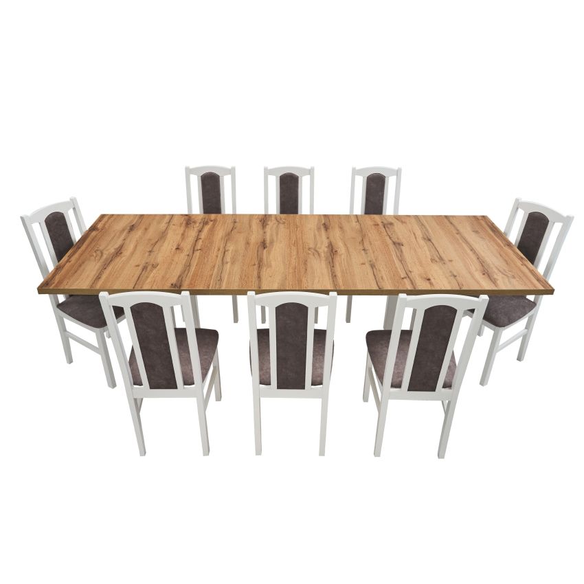 Set masa extensibila 160 x 240 cm cu 8 scaune tapitate, mb-21 modena2 xl si s-37 boss7 18a, wotan/bialy, lemn masiv de fag, stofa