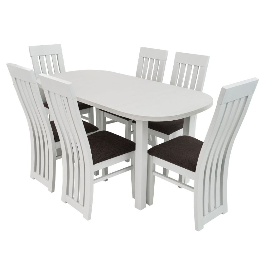 Set masa extensibila 160x200 cm cu 6 scaune tapitate, mb-12 venus1 si s-104 so, alb, lemn masiv, stofa