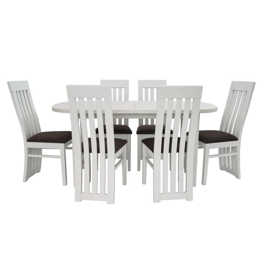 Set masa extensibila 160x200 cm cu 6 scaune tapitate, mb-12 venus1 si s-104 so, alb, lemn masiv, stofa