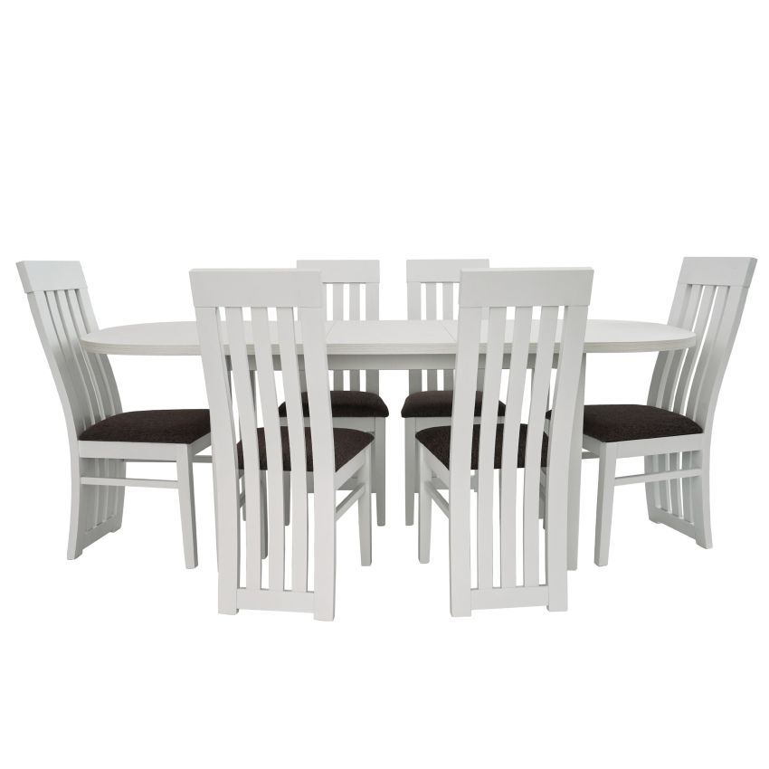 Set masa extensibila 160x200 cm cu 6 scaune tapitate, mb-12 venus1 si s-104 so, alb, lemn masiv, stofa