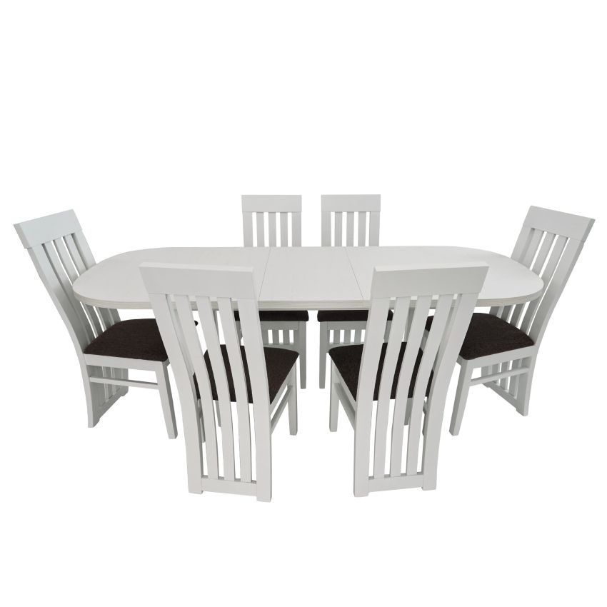 Set masa extensibila 160x200 cm cu 6 scaune tapitate, mb-12 venus1 si s-104 so, alb, lemn masiv, stofa
