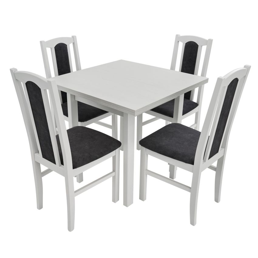 Set masa extensibila 80x110 cm cu 4 scaune tapitate, mb-13 max7 si s-38 boss14 b24b, alb, lemn masiv, stofa