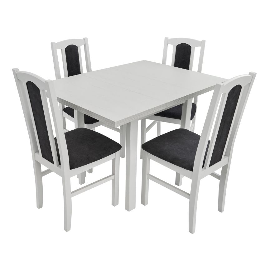 Set masa extensibila 80x110 cm cu 4 scaune tapitate, mb-13 max7 si s-38 boss14 b24b, alb, lemn masiv, stofa