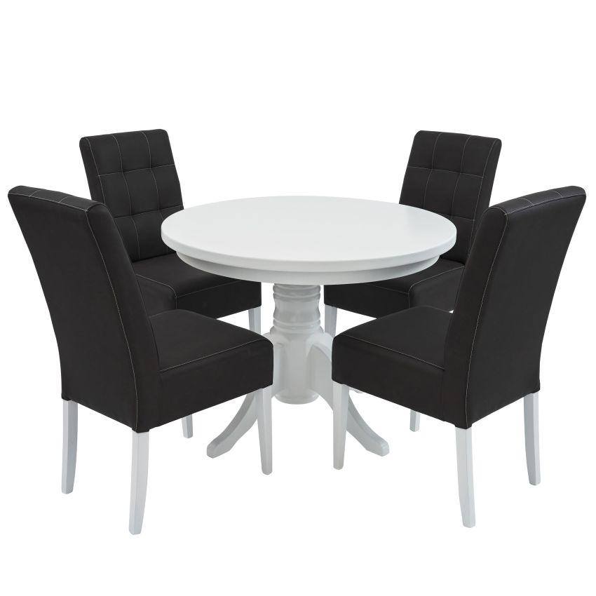 Set masa fixa 100 cm cu 4 scaune tapitate, mb-80 si sonia, alb/negru, lemn masiv, piele ecologica