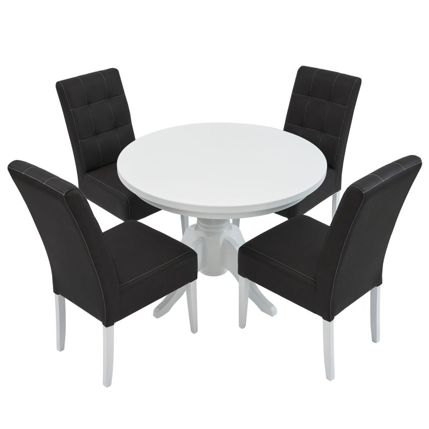 Set masa fixa 100 cm cu 4 scaune tapitate, mb-80 si sonia, alb/negru, lemn masiv, piele ecologica