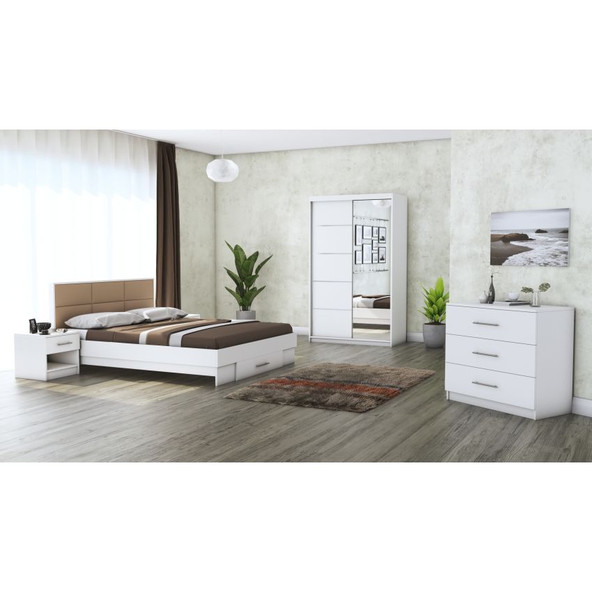 Dormitor Solano, alb, dulap 120 cm, pat cu tablie tapitata camel 140x200 cm, 2 noptiere, comoda