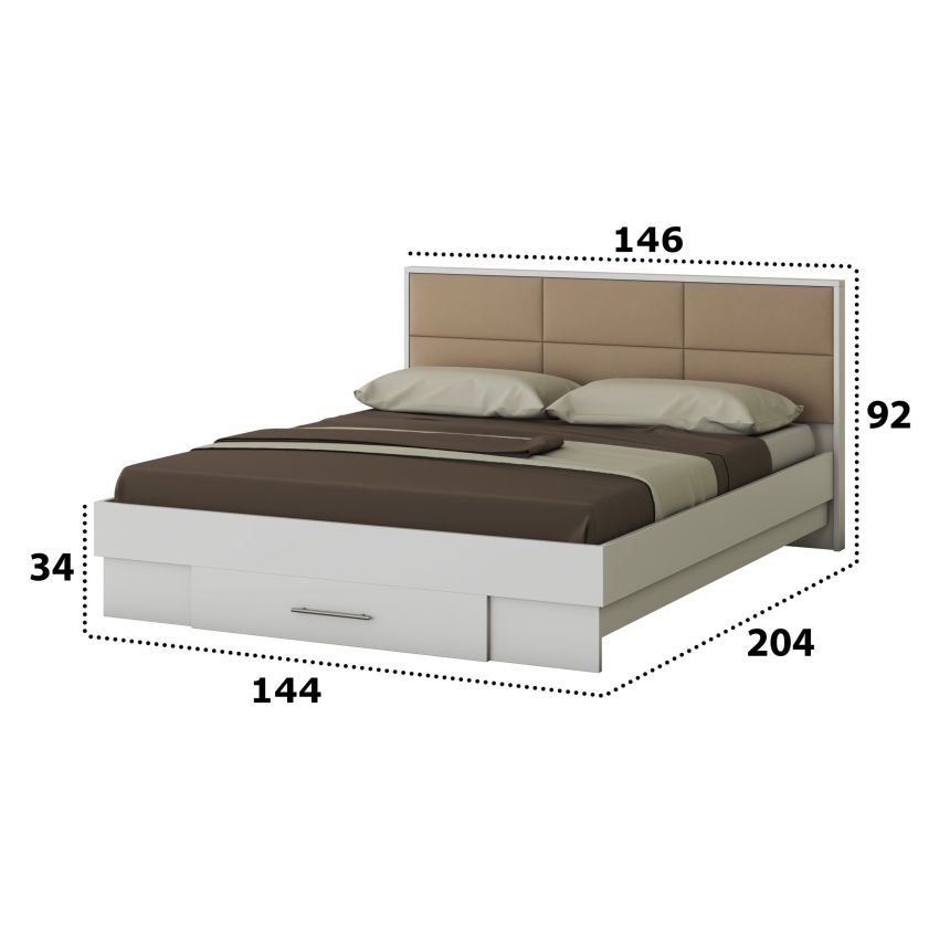 Dormitor Solano, alb, dulap 120 cm, pat cu tablie tapitata camel 140x200 cm, 2 noptiere, comoda