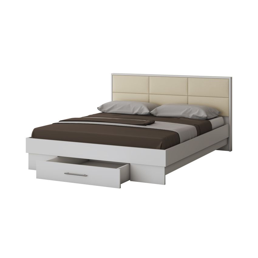 Dormitor Solano, alb, dulap 150 cm, pat cu tablie tapitata crem 140x200 cm, 2 noptiere, comoda