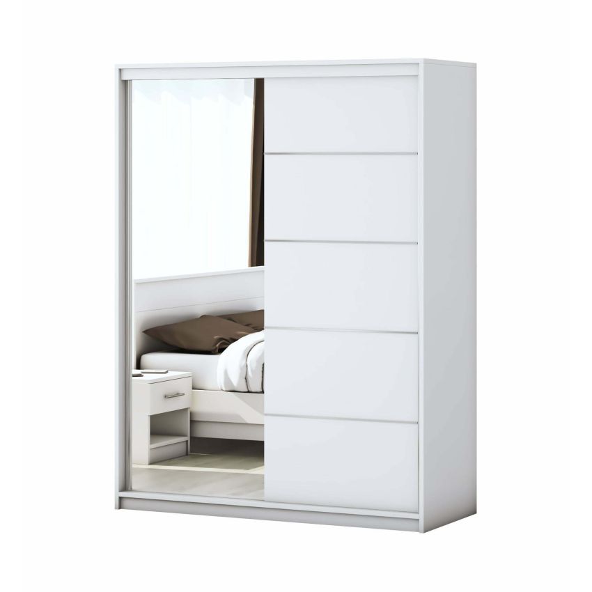 Dormitor Solano, alb, dulap 150 cm, pat cu tablie tapitata gri 160×200 cm, 2 noptiere, comoda