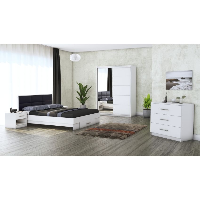 Dormitor solano, alb, dulap 150 cm, pat cu tablie tapitata negru 140x200 cm, 2 noptiere, comoda