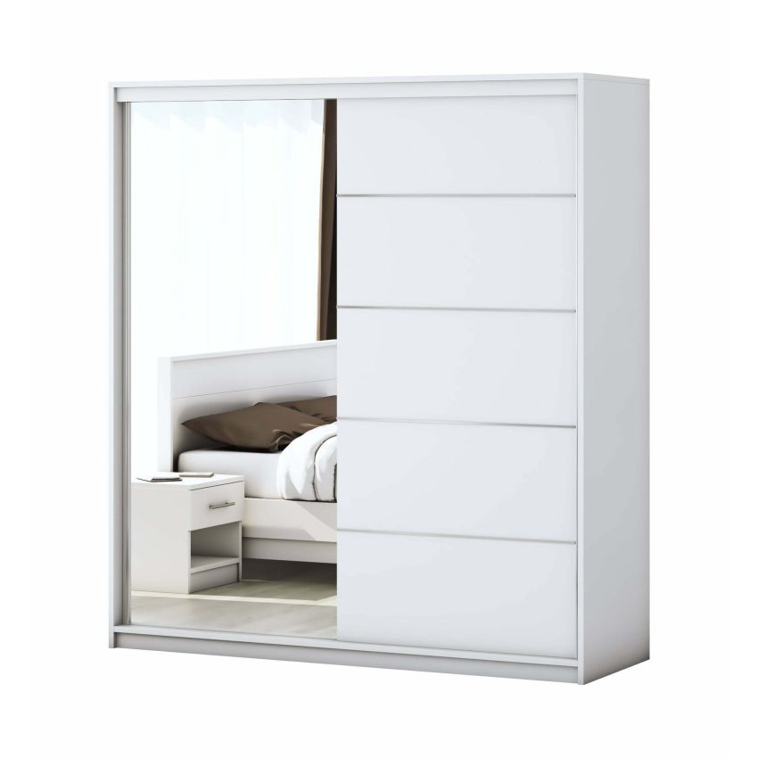 Dormitor Solano, alb, dulap 183 cm, pat cu tablie tapitata camel 140x200 cm, 2 noptiere, comoda