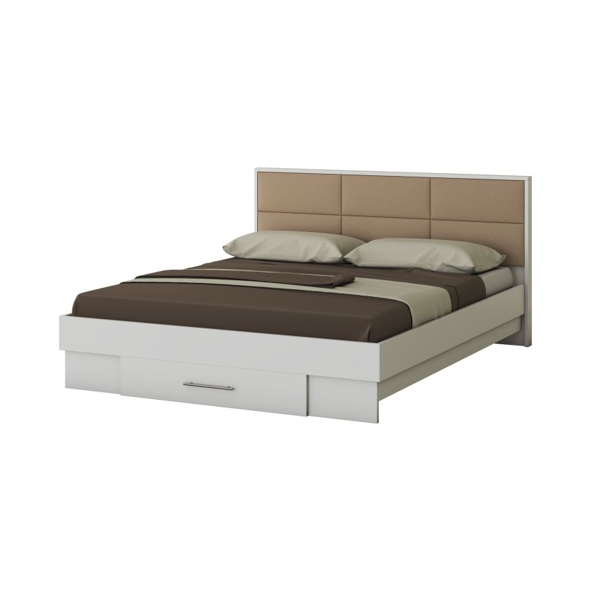 Dormitor Solano, alb, dulap 183 cm, pat cu tablie tapitata camel 160x200 cm, 2 noptiere, comoda