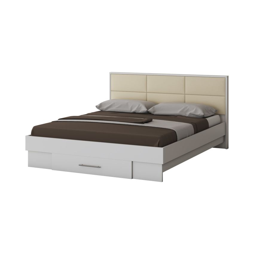 Dormitor Solano, alb, dulap 183 cm, pat cu tablie tapitata crem 160×200 cm, 2 noptiere, comoda