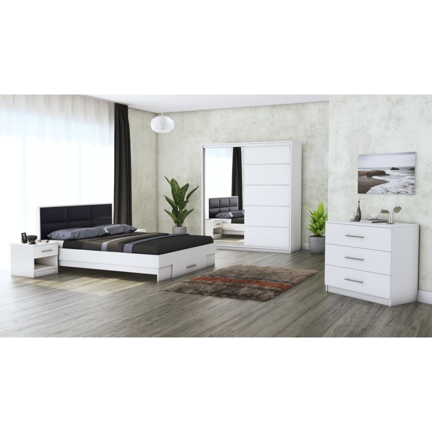 Dormitor Solano, alb, dulap 183 cm, pat cu tablie tapitata negru 160x200 cm, 2 noptiere, comoda
