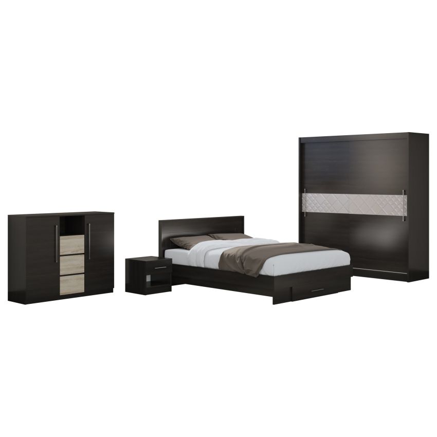 Set dormitor dome 1-20, wenge, dulap 200 cm, pat 160×200 cm, 2 noptiere, comoda