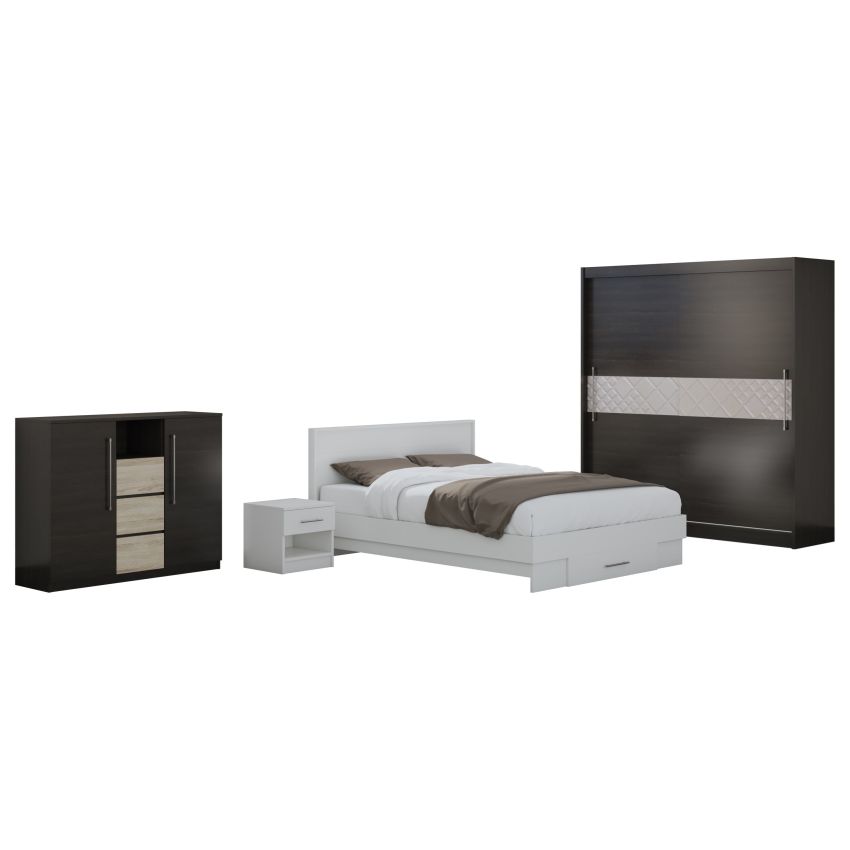 Set dormitor dome 1-20, wenge/alb, dulap 200 cm, pat 160×200 cm, 2 noptiere, comoda