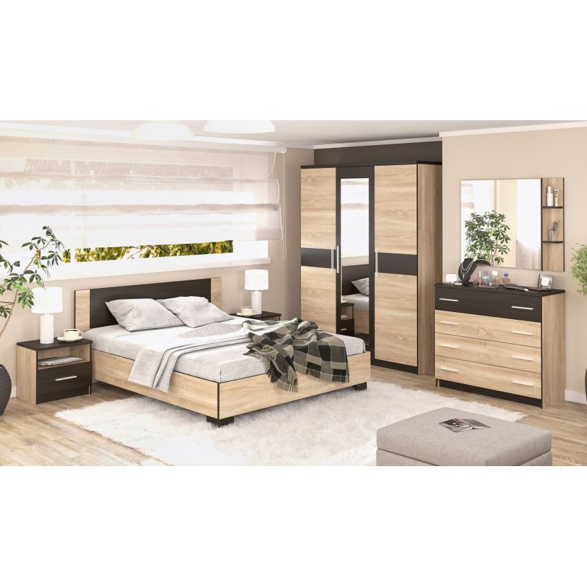 Set dormitor Veronika, sonoma/wenge, dulap 150 cm, pat 160×200 cm, 2 noptiere, comoda