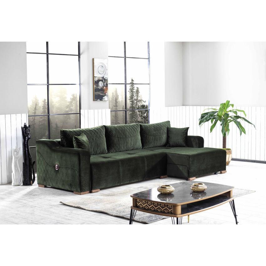 Coltar prada, verde, 270x150x90 cm, extensibil cu lada