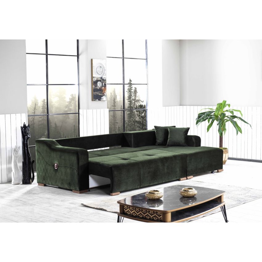 Coltar prada, verde, 270x150x90 cm, extensibil cu lada