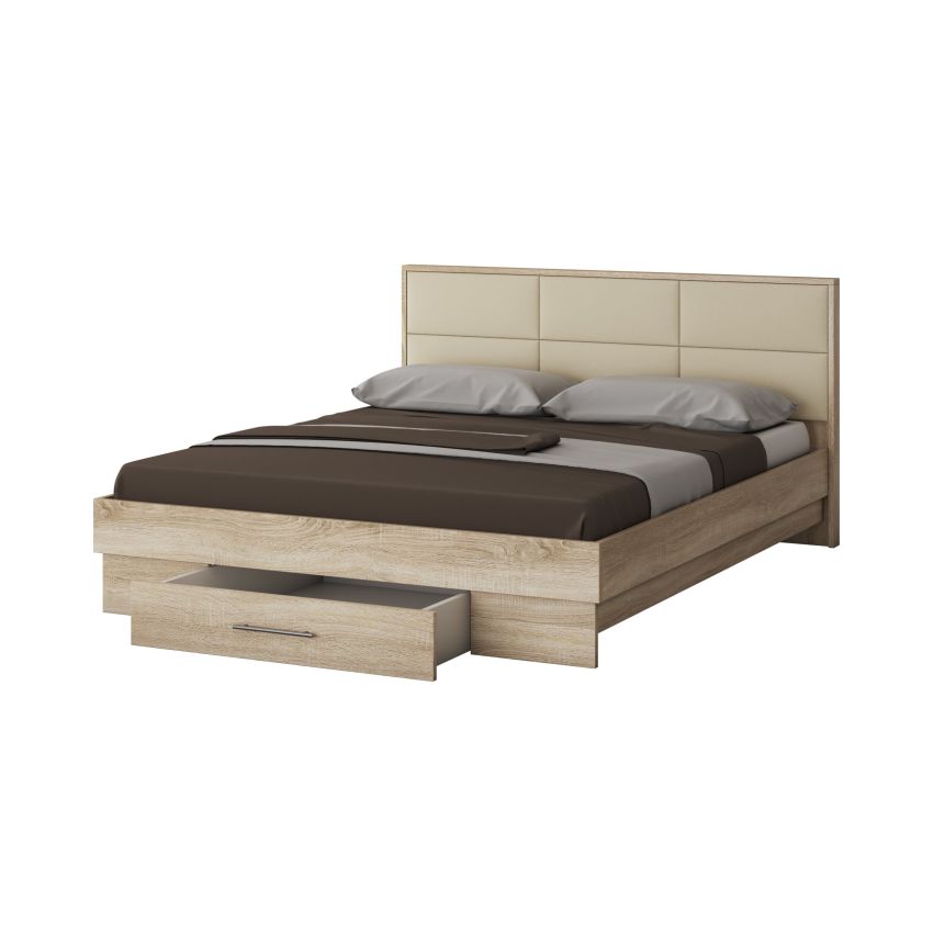 Dormitor Solano, sonoma, dulap 120 cm, pat cu tablie tapitata crem 140×200 cm, 2 noptiere, comoda