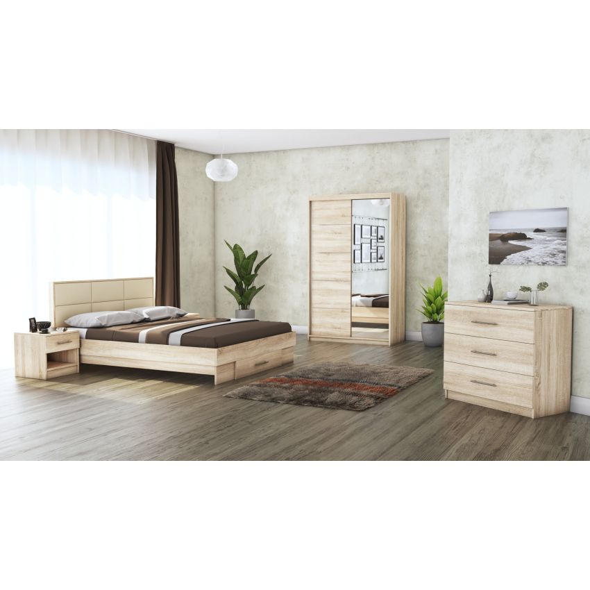 Dormitor Solano, alb, dulap 120 cm, pat cu tablie tapitata crem 160×200 cm, 2 noptiere, comoda