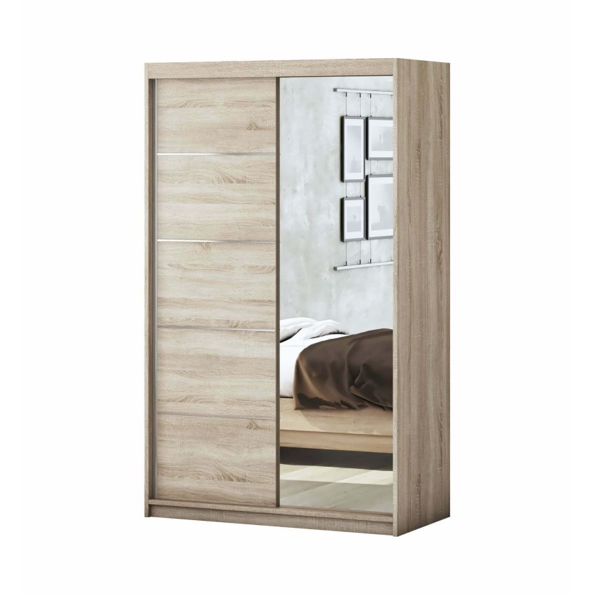 Dormitor Solano, sonoma, dulap 120 cm, pat cu tablie tapitata crem 160×200 cm, 2 noptiere, comoda