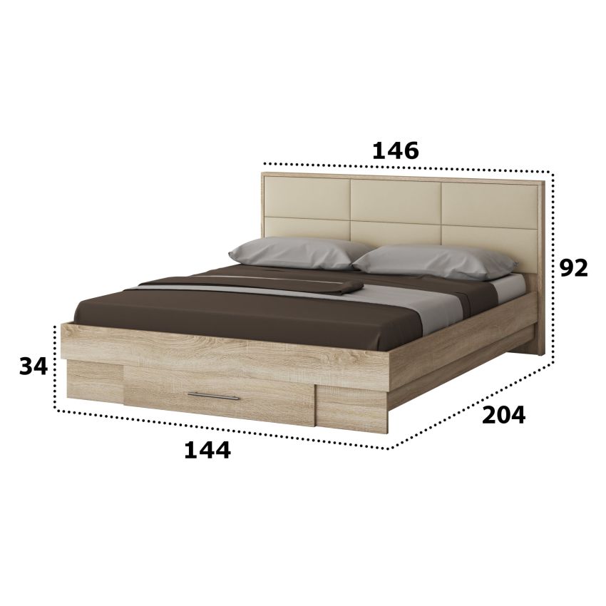 Dormitor Solano, sonoma, dulap 150 cm, pat cu tablie tapitata crem 140×200 cm, 2 noptiere, comoda