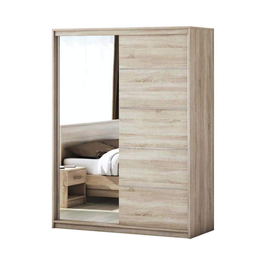 Dormitor Solano, sonoma, dulap 150 cm, pat cu tablie tapitata negru 140×200 cm, 2 noptiere, comoda