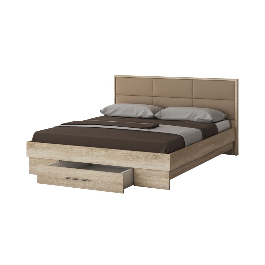 Dormitor Solano, sonoma, dulap 183 cm, pat cu tablie tapitata camel 140×200 cm, 2 noptiere, comoda
