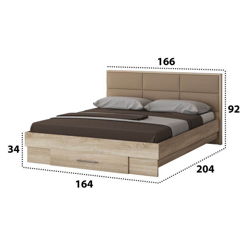 Dormitor Solano, sonoma, dulap 183 cm, pat cu tablie tapitata camel 160×200 cm, 2 noptiere, comoda