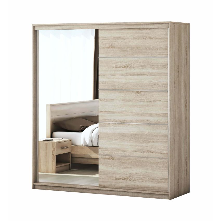 Dormitor Solano, sonoma, dulap 183 cm, pat cu tablie tapitata negru 140×200 cm, 2 noptiere, comoda