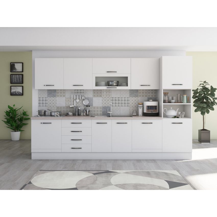 Bucatarie Alfa 320, sonoma/alb, blat termic travertin, corp pentru cuptor incorporabil