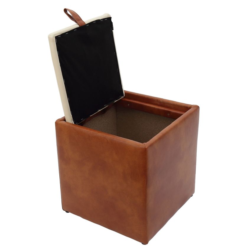 Taburet box, cognac-crem, imitatie piele, 41x37x37 cm