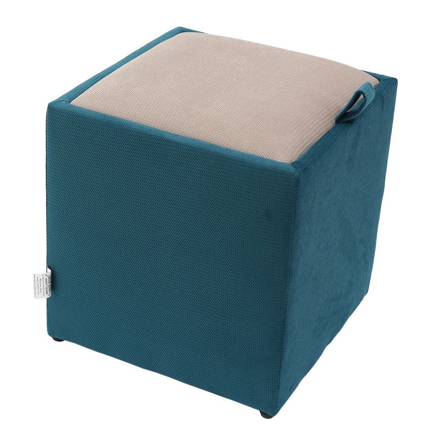 Taburet box, corp turcoaz, capac crem, stofa, 41x37x37 cm