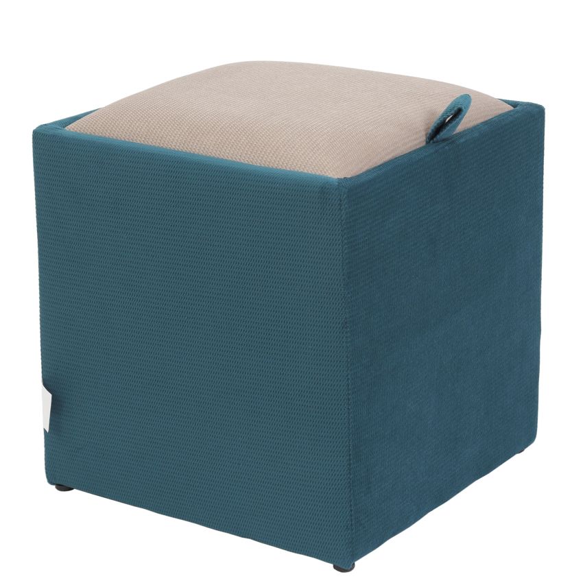 Taburet box, corp turcoaz, capac crem, stofa, 41x37x37 cm