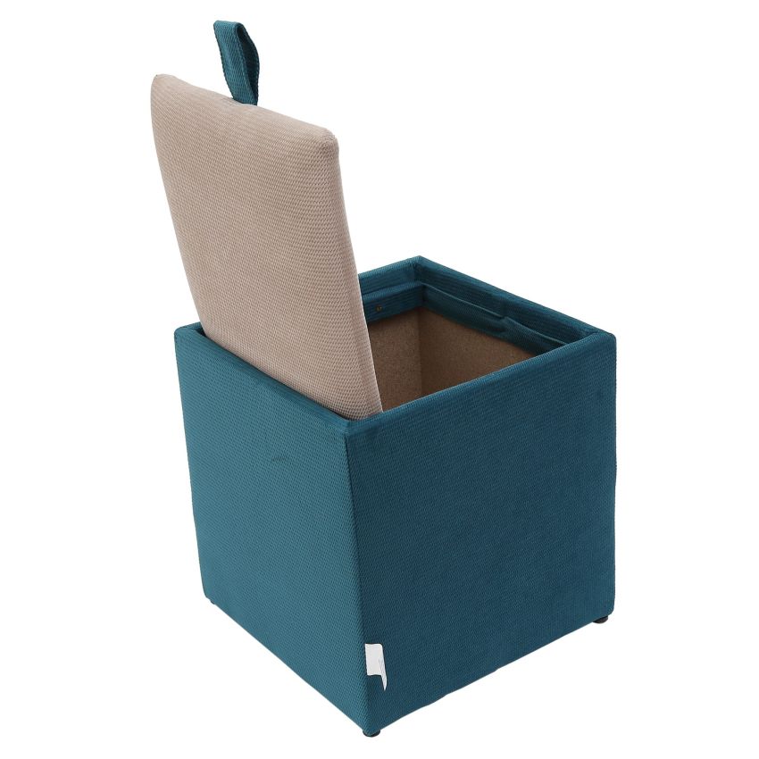Taburet box, corp turcoaz, capac crem, stofa, 41x37x37 cm